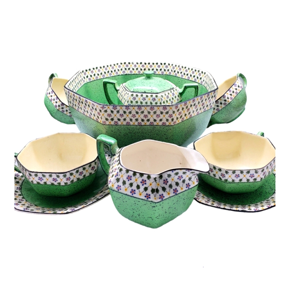 Vintage Crownford Floral Green Bowl/Tea/Sugar/Creamer 10pcs